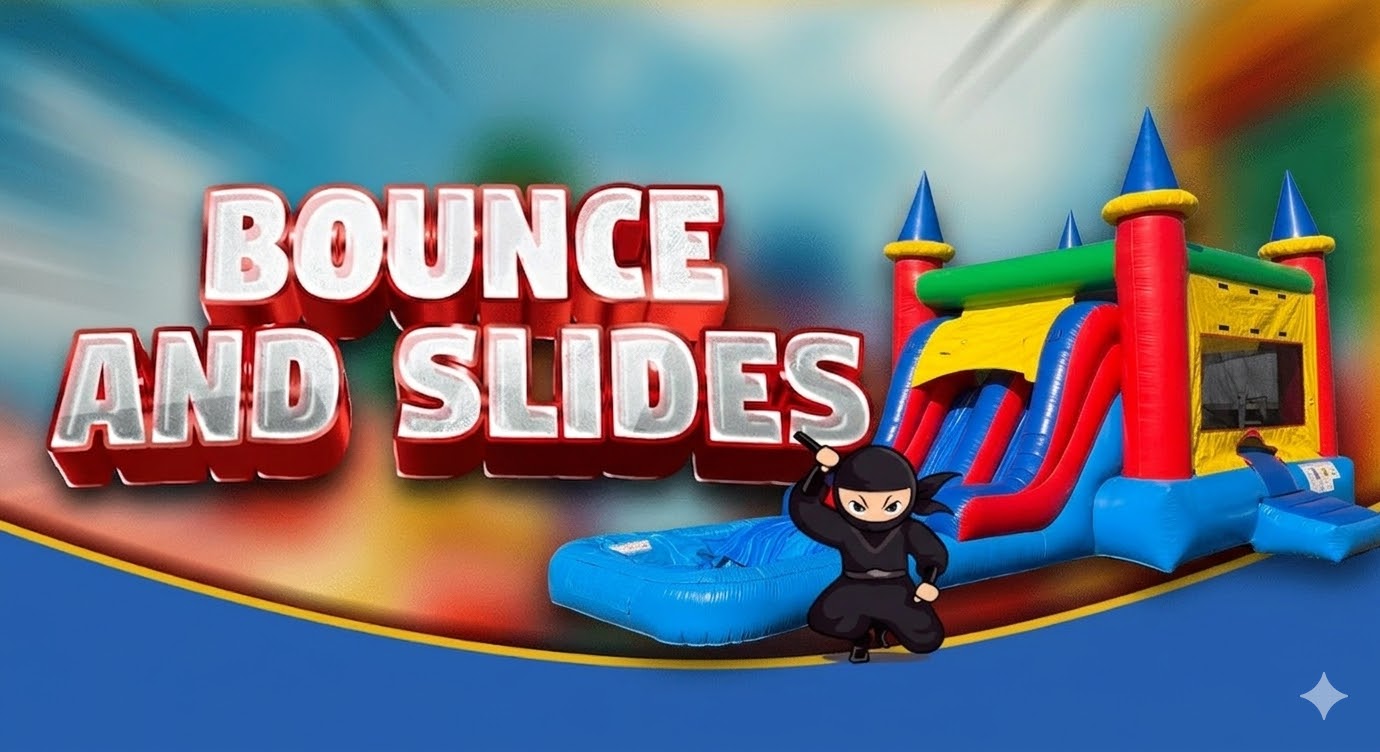 Colorful bounce house with slides.